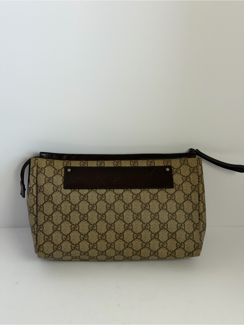 Vintage Gucci GG Supreme Monogram Canvas Clutch with Brown Leather Trim